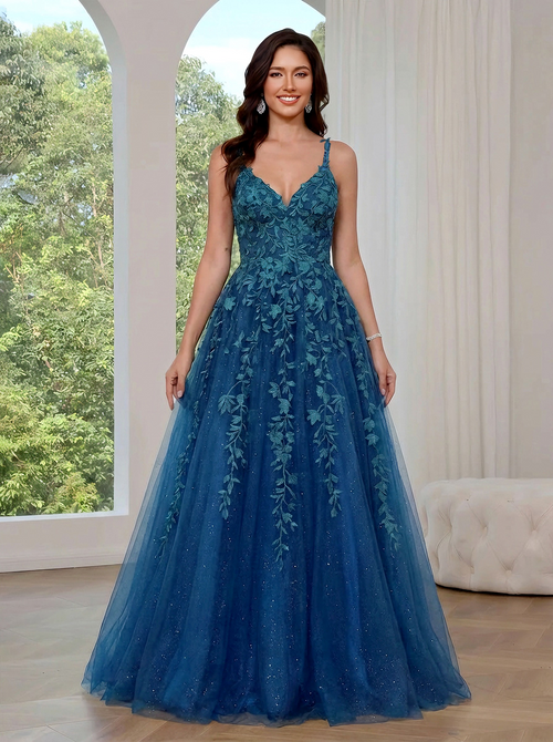 A-Line/Princess Embroidery Prom Dresses Spaghetti Straps Floor-length Long Sparkle Dresses