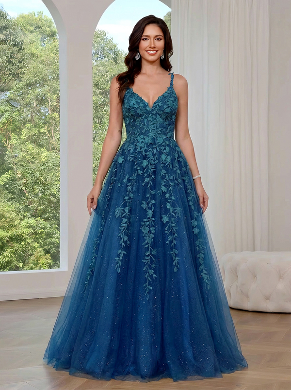 A-Line/Princess Embroidery Prom Dresses Spaghetti Straps Floor-length Long Sparkle Dresses