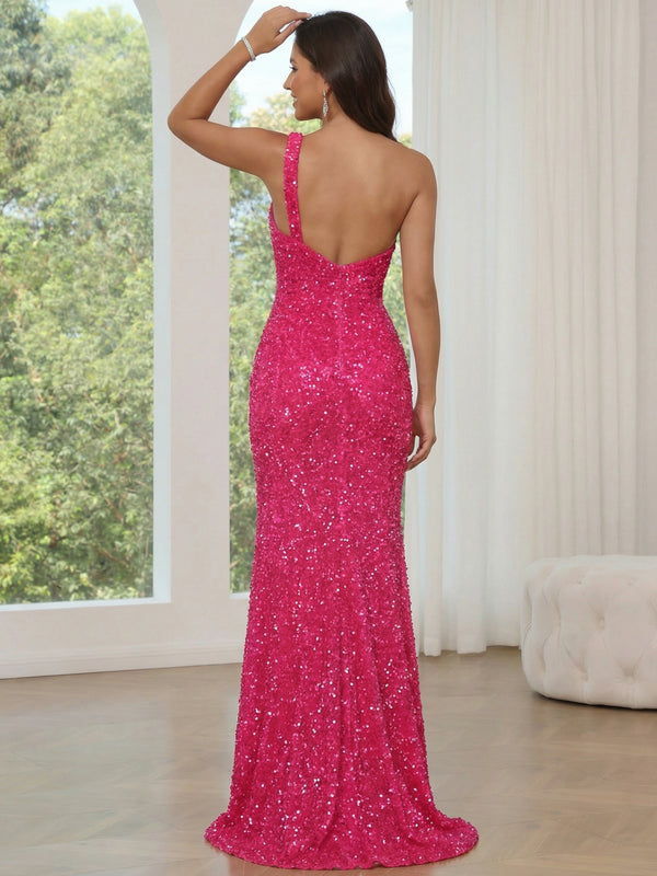 Trumpet/Mermaid Prom Dresses Sequins Evening Dresses One-Shoulder SleevelessFloor-length With Side Split