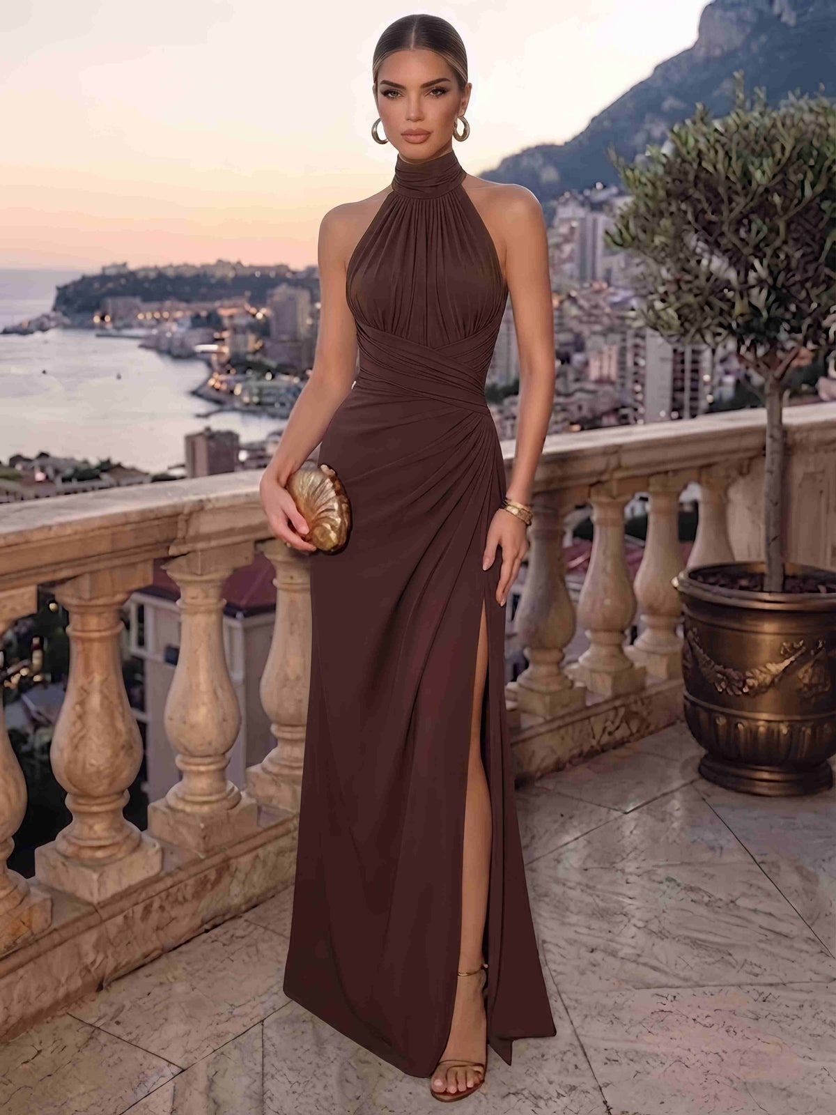 Sheath Evening Dresses Chiffon Brown Halter Neck Runched Formal Wedding Guest Dress With High Slit