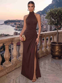 Sheath Evening Dresses Chiffon Brown Halter Neck Runched Formal Wedding Guest Dress With High Slit