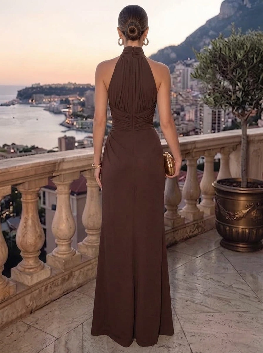 Sheath Evening Dresses Chiffon Brown Halter Neck Runched Formal Wedding Guest Dress With High Slit