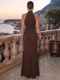 Sheath Evening Dresses Chiffon Brown Halter Neck Runched Formal Wedding Guest Dress With High Slit