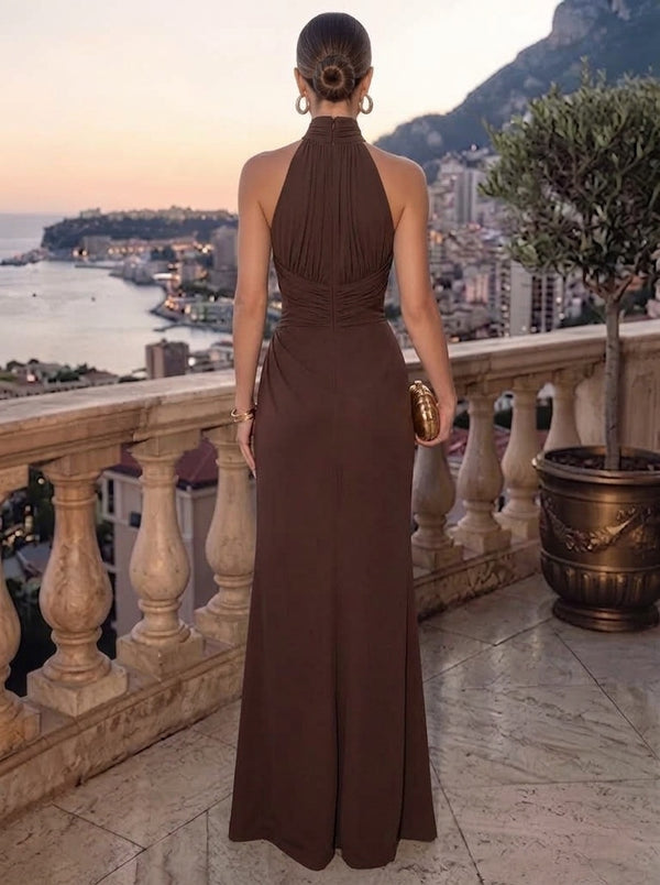Sheath Evening Dresses Chiffon Brown Halter Neck Runched Formal Wedding Guest Dress With High Slit