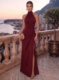 Sheath Evening Dresses Chiffon Brown Halter Neck Runched Formal Wedding Guest Dress With High Slit