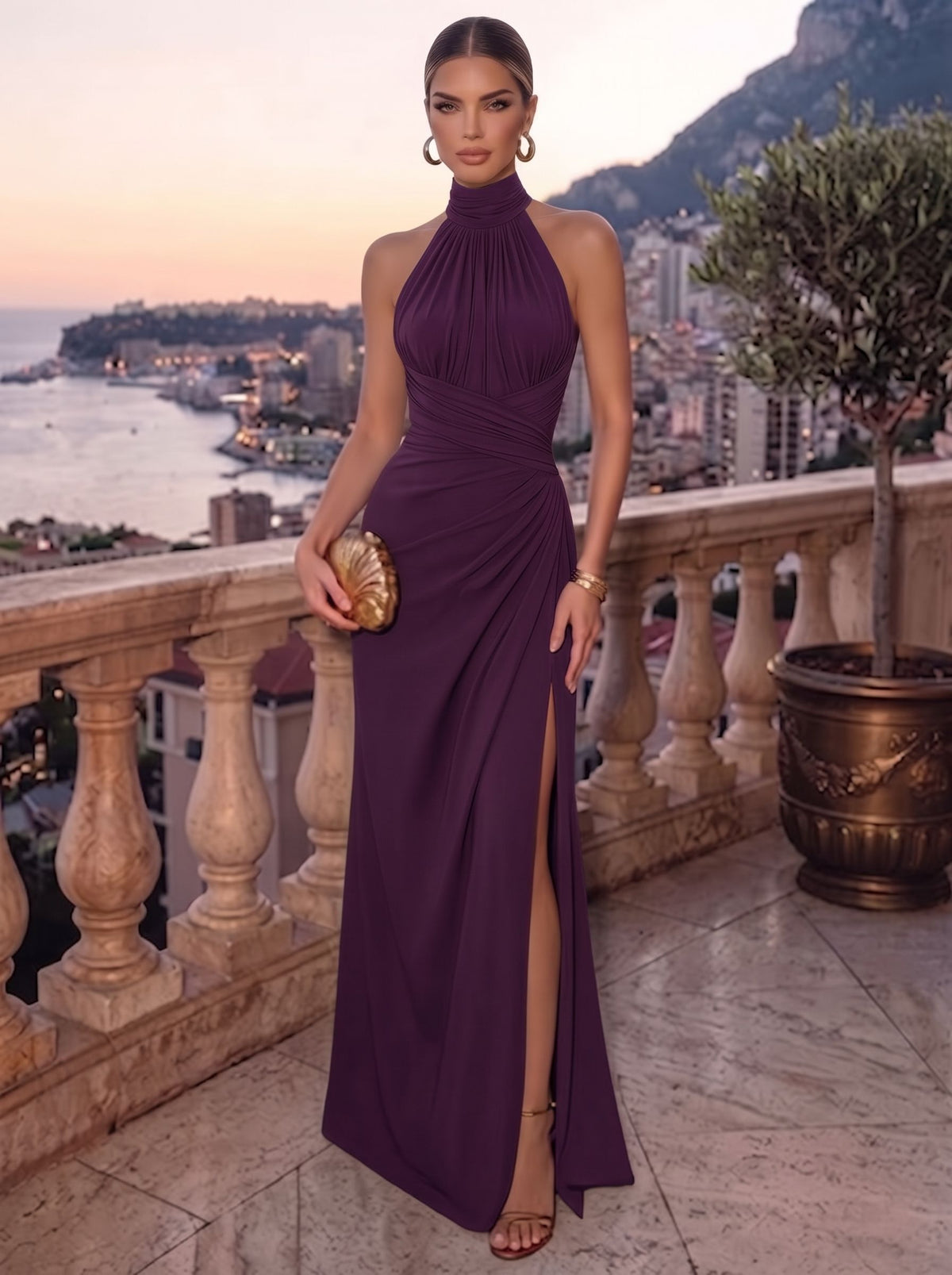 Sheath Evening Dresses Chiffon Brown Halter Neck Runched Formal Wedding Guest Dress With High Slit