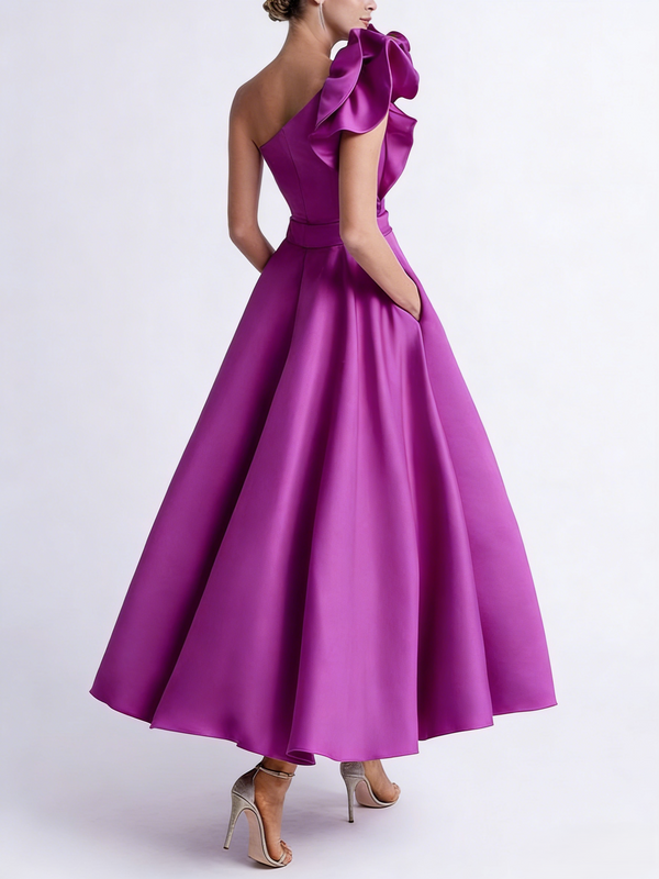 A-Line/Princess Cocktail Dress One-Shoulder Tea-Length Formal Wedding Guest Dresses