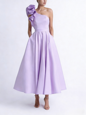 A-Line/Princess Cocktail Dress One-Shoulder Tea-Length Formal Wedding Guest Dresses