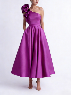 A-Line/Princess Cocktail Dress One-Shoulder Tea-Length Formal Wedding Guest Dresses