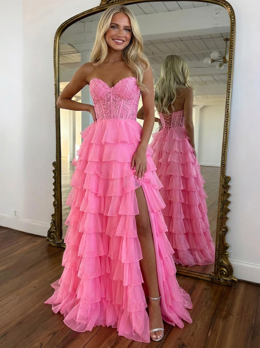 A-Line/Princess Prom Dress Strapless Evening Party Dresses Ruffles Tiered with Sequins Appliques