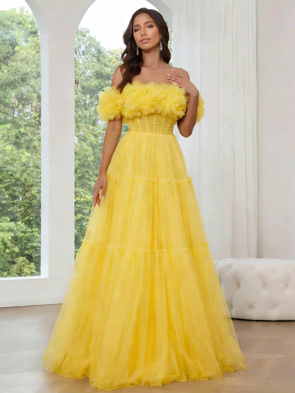 A-Line/Princess Off-the-Shoulder Long Tulle Prom Evening Party Dresses with Ruffles
