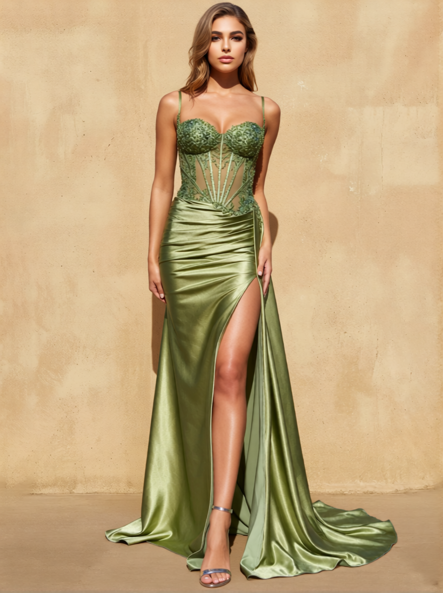 Sheath/Column Prom Dresses Spaghetti Straps Corset Long Formal Dress Sleeveless Floor-length Sparkle Ruched
