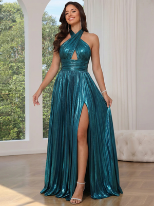 A-Line/Princess Halter Sleeveless Floor-length Long Formal Evening Dresses with Split Side
