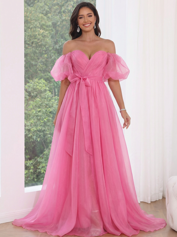 A-Line/Princess  Hot Pink Prom Dress Tulle Sweetheart Off-the-Shoulder Floor Length Formal Dress