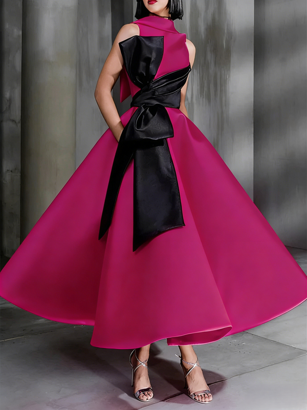 Ball Gown High Neck Cocktail Dresses Ankle-Length Color Block Elegant Formal Gown with Bowknot