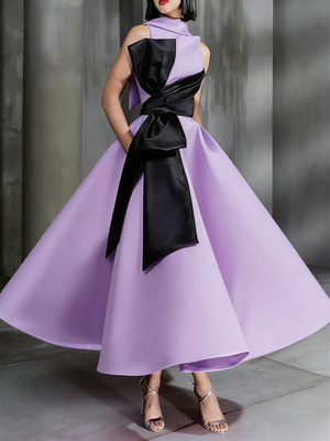 Ball Gown High Neck Cocktail Dresses Ankle-Length Color Block Elegant Formal Gown with Bowknot
