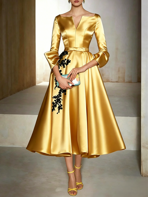 A-Line/Princess Cocktail Dress 3/4 Length Sleeves Tea Length Formal Dresses with Appliques