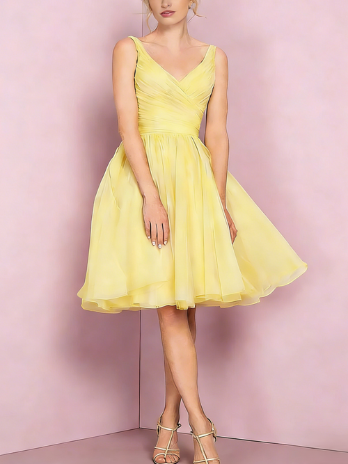 A-Line/Princess V Neck Sleeveless Tea-Length Cocktail Dresses with Pleats