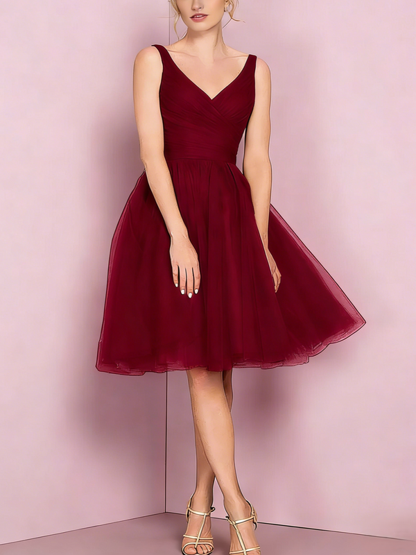 A-Line/Princess V Neck Sleeveless Tea-Length Cocktail Dresses with Pleats
