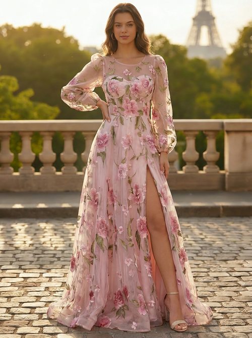 A-Line/Princess Sweep/Brush Train Long Sleeves Evening Dresses with Floral Print