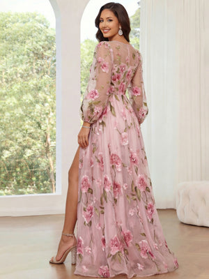 A-Line/Princess Sweep/Brush Train Long Sleeves Evening Dresses with Floral Print