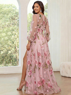 A-Line/Princess Sweep/Brush Train Long Sleeves Evening Dresses with Floral Print