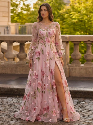 A-Line/Princess Sweep/Brush Train Long Sleeves Evening Dresses with Floral Print
