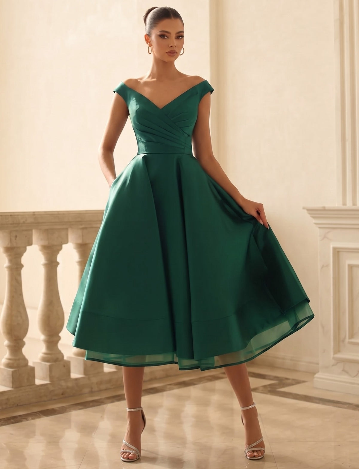 A-Line/Princess Cocktail Dresses V-neck Sleeveless Tea-Length Semi-Formal Dresses