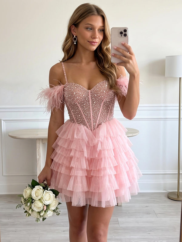 A-Line/Princess Sweetheart Sleeveless Short/Mini Party Dance Homecoming Dress With Feathers on Off-the-Shoulder Straps Tiered Ruffles