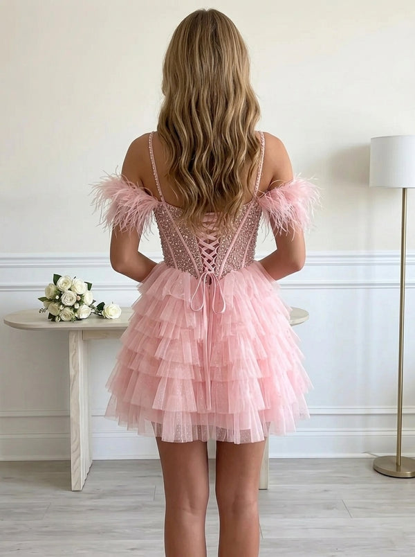 A-Line/Princess Sweetheart Sleeveless Short/Mini Party Dance Homecoming Dress With Feathers on Off-the-Shoulder Straps Tiered Ruffles