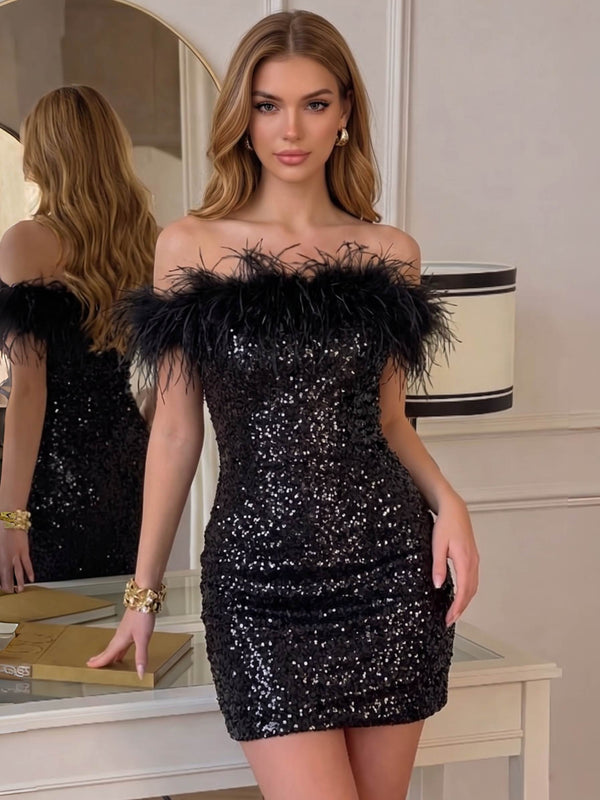 Sheath/Column Homecoming Dress One-Shoulder Sleeveless Short/Mini Party Dance With Feathers
