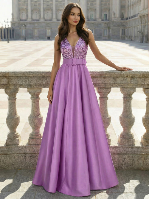 A-Line Evening Dresses Floor Length Formal Gown with Belt Sleeveless V Neck Pocket Satin with Sequins