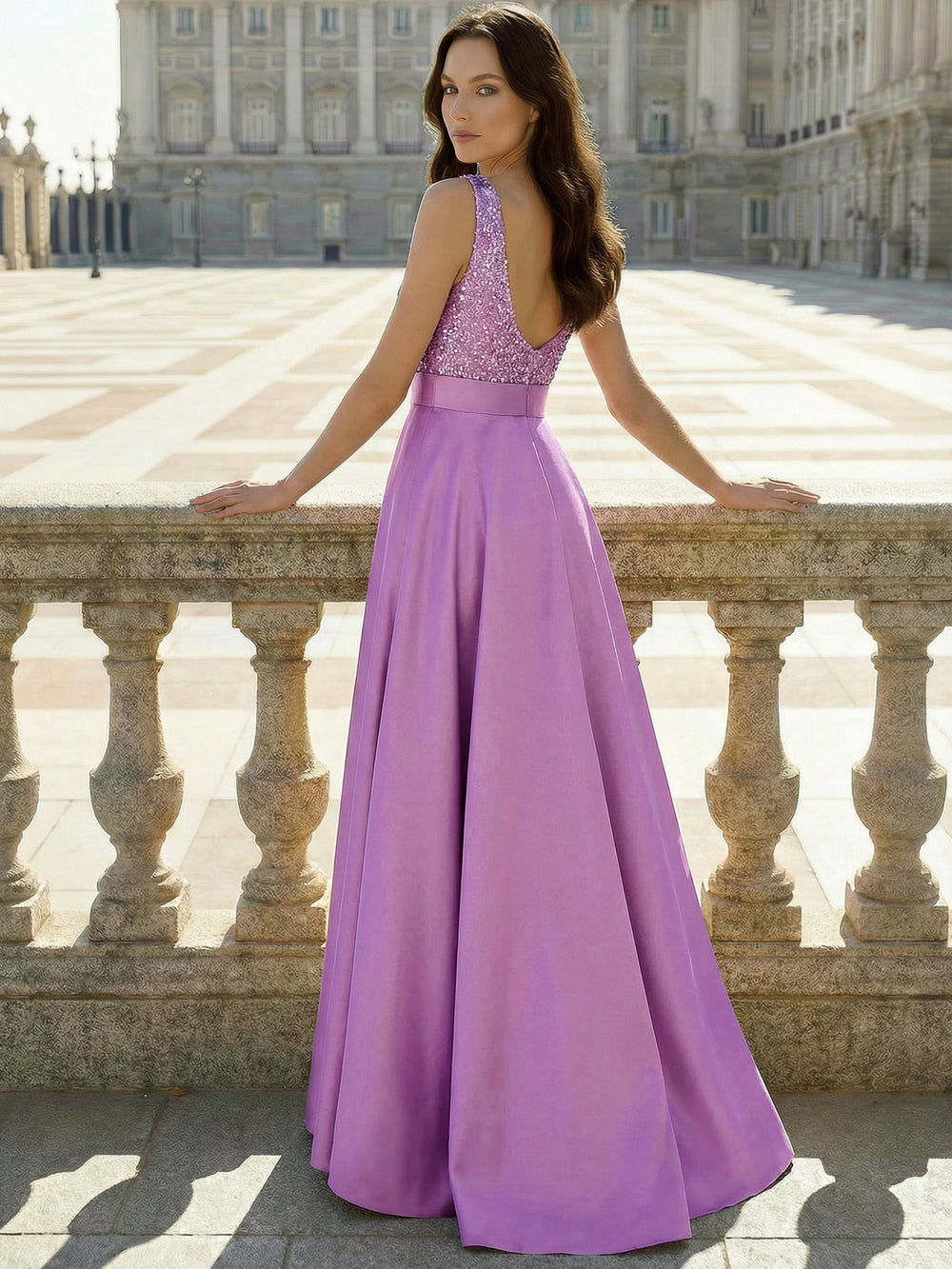 A-Line Evening Dresses Floor Length Formal Gown with Belt Sleeveless V Neck Pocket Satin with Sequins