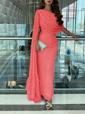 Sheath/Column Evening Dress Floor Length Sleeveless Cowl Neck Chiffon with Feather Cape Ruched Slit