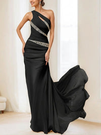 修身/直筒单肩无袖及地晚礼服，带褶皱、亮片和水晶