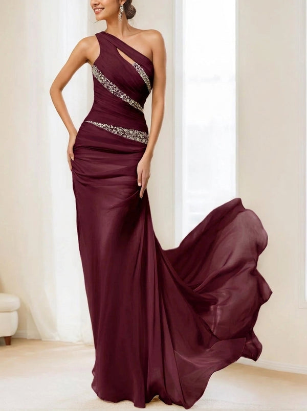 Sheath/Column One-Shoulder Sleeveless Floor-Length Evening Dress with Ruched, Sequin & Crystals