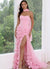 Trumpet/Mermaid Strapless Sleeveless Tulle Prom Dresses with High Split & 3D Flower