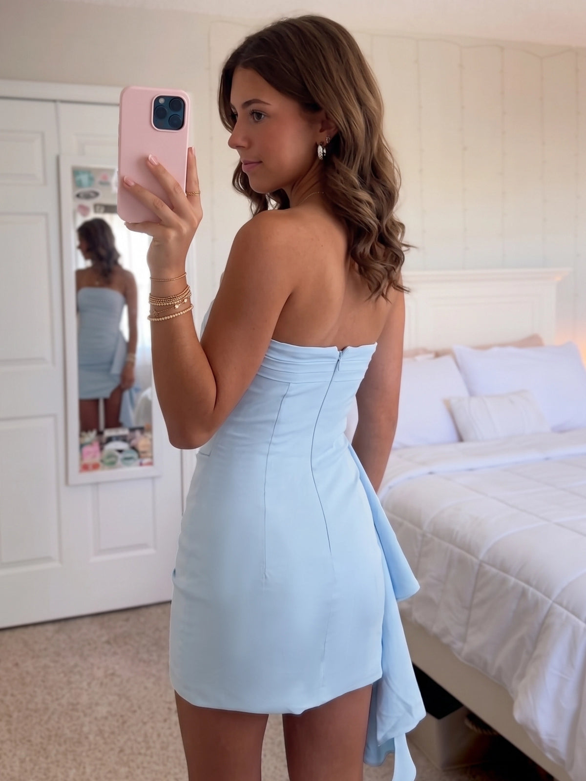 Sheath/Column Strapless Sleeveless Short/Mini Homecoming Party Dresses with Ruffles