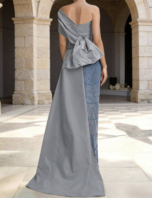 Sheath/Column Sequins Sparkle Evening Dress Taffeta One-Shoulder Sleeveless Floor-Length With Back Bow
