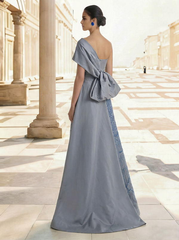Sheath/Column Sequins Sparkle Evening Dress Taffeta One-Shoulder Sleeveless Floor-Length With Back Bow