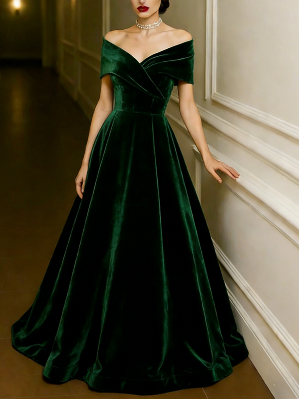 Red Green A-Line Evening Gown Elegant Dress Formal Wedding Floor Length Short Sleeve Off Shoulder Pocket Velvet with Pleats Christmas