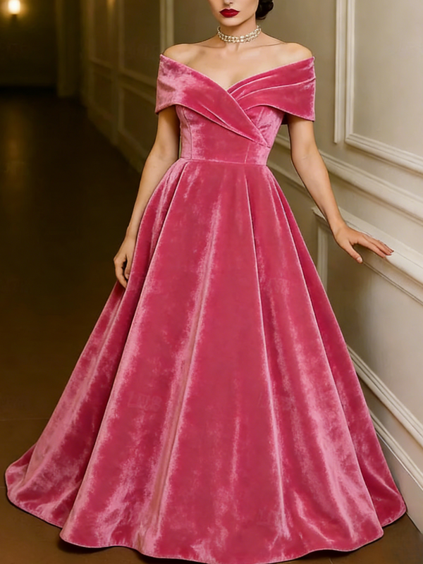 Red Green A-Line Evening Gown Elegant Dress Formal Wedding Floor Length Short Sleeve Off Shoulder Pocket Velvet with Pleats Christmas