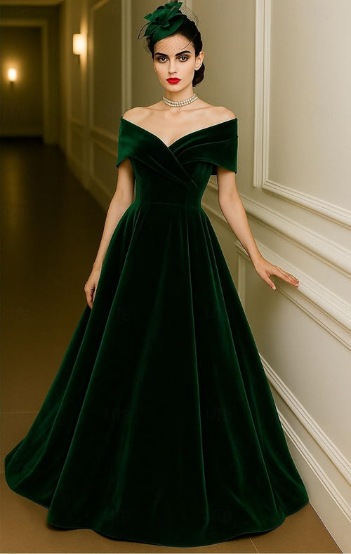 Red Green A-Line Evening Gown Elegant Dress Formal Wedding Floor Length Short Sleeve Off Shoulder Pocket Velvet with Pleats Christmas