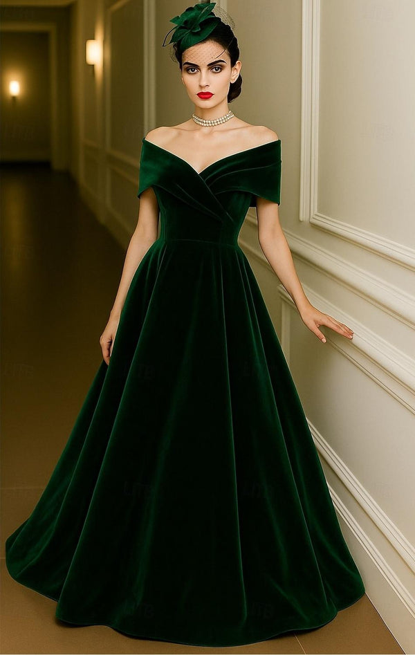 Red Green A-Line Evening Gown Elegant Dress Formal Wedding Floor Length Short Sleeve Off Shoulder Pocket Velvet with Pleats Christmas