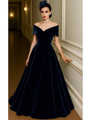 Red Green A-Line Evening Gown Elegant Dress Formal Wedding Floor Length Short Sleeve Off Shoulder Pocket Velvet with Pleats Christmas