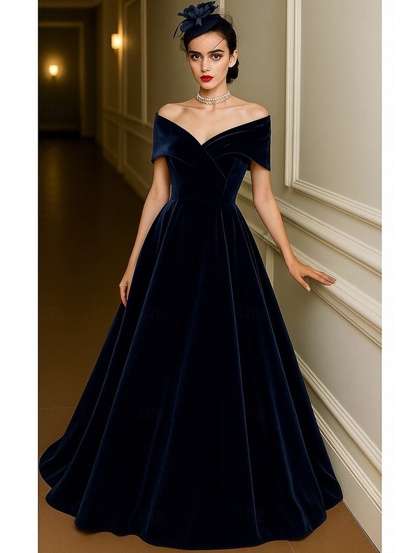 Red Green A-Line Evening Gown Elegant Dress Formal Wedding Floor Length Short Sleeve Off Shoulder Pocket Velvet with Pleats Christmas