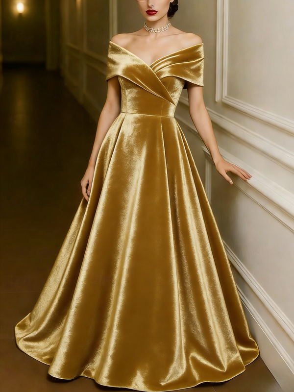 Red Green A-Line Evening Gown Elegant Dress Formal Wedding Floor Length Short Sleeve Off Shoulder Pocket Velvet with Pleats Christmas