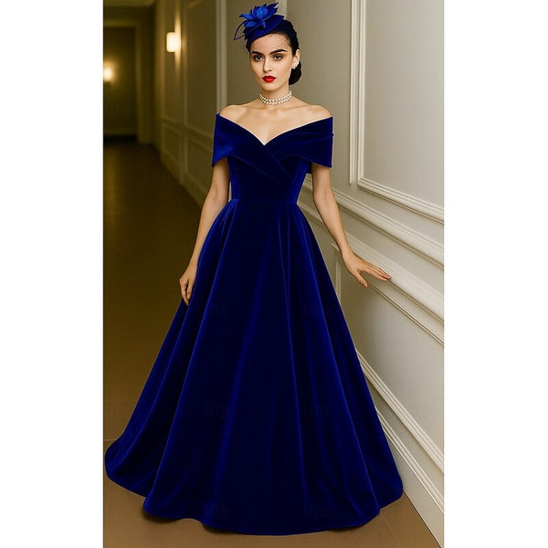 Red Green A-Line Evening Gown Elegant Dress Formal Wedding Floor Length Short Sleeve Off Shoulder Pocket Velvet with Pleats Christmas