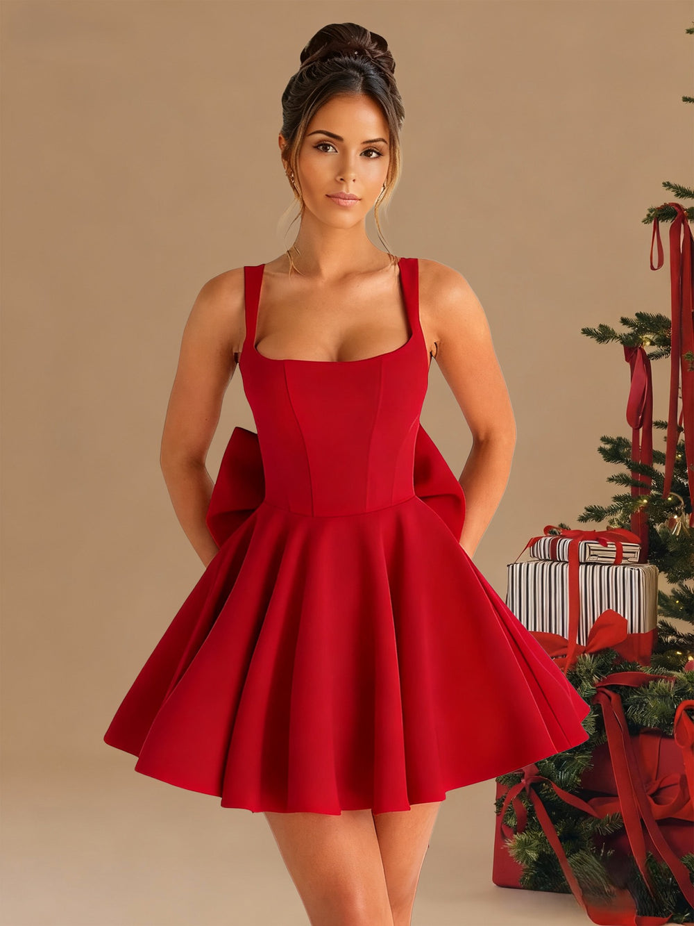 A Line/Princess Christmas Party Dresses Cocktail Short/Mini Spaghetti Straps Sleeveless With Detachable Bow Homecoming