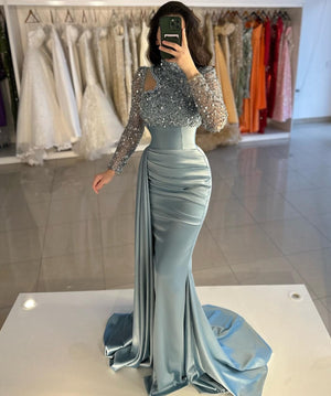 Mermaid Evening Gown Sequin Elegant Dress Formal Sweep / Brush Train Long Sleeve High Neck Satin with Pearls Masquerade Dress
